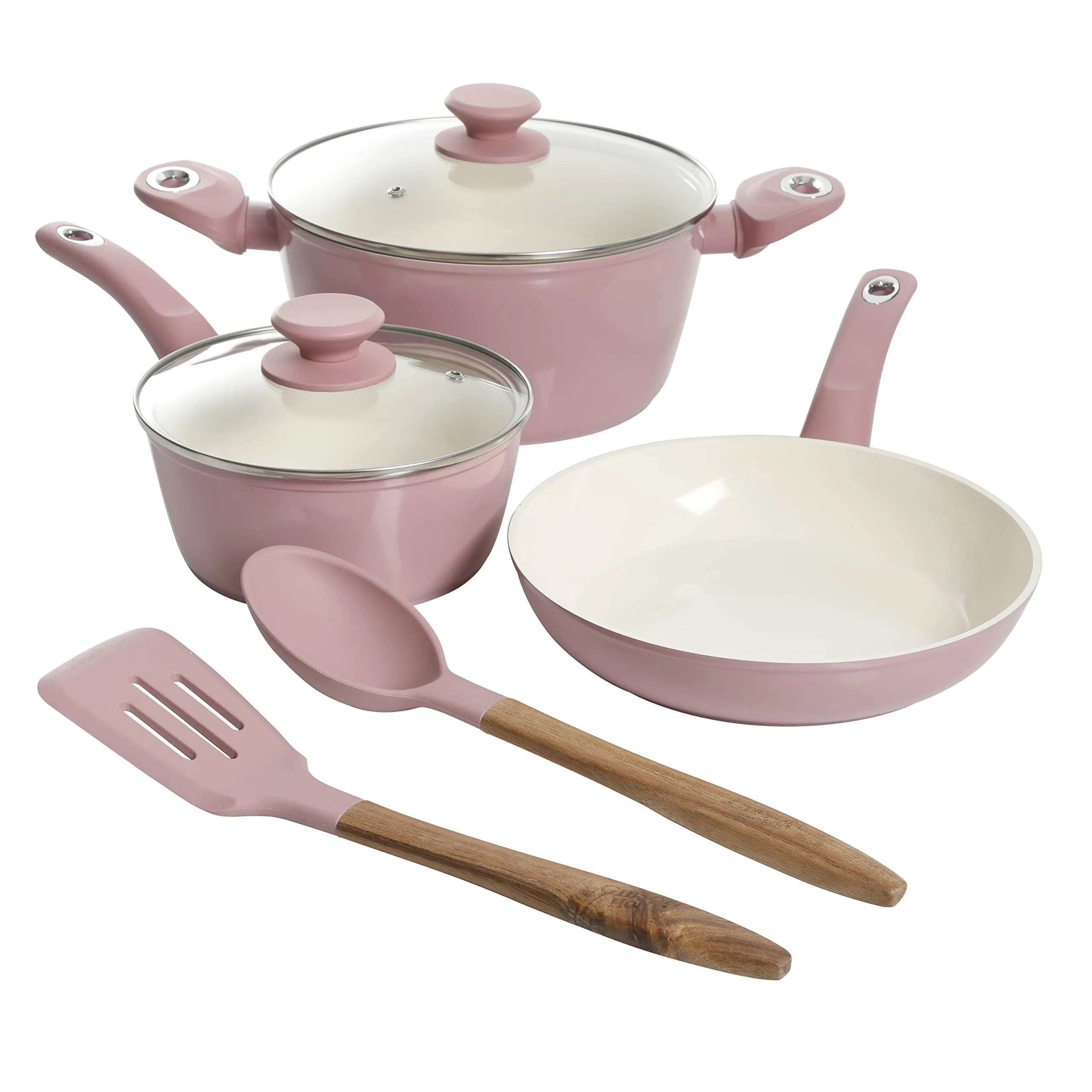 Gibson Home Plaza Café Forged Aluminum Ceramic Cookware Set with Glass Lids, 7-Piece Set, Lavender Rose | Induction Compatible - main product image