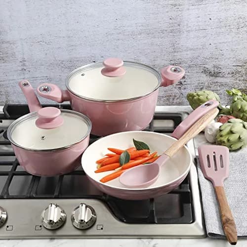 Gibson Home Plaza Café Forged Aluminum Ceramic Cookware Set with Glass Lids, 7-Piece Set, Lavender Rose | Induction Compatible thumbnail 6