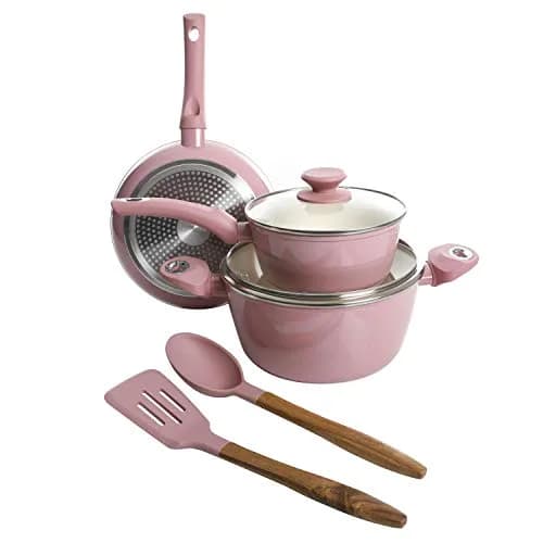 Gibson Home Plaza Café Forged Aluminum Ceramic Cookware Set with Glass Lids, 7-Piece Set, Lavender Rose | Induction Compatible thumbnail 2