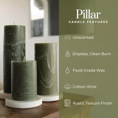 Simply Soson Dark Moss Green Pillar Candles 3x3 | Unscented, No Drip, Elegant Decor thumbnail 3