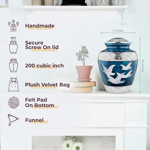 Trupoint Memorials Cremation Urns for Human Ashes | Blue Birds, Adult (200LB) | Elegant Brass Design thumbnail 2