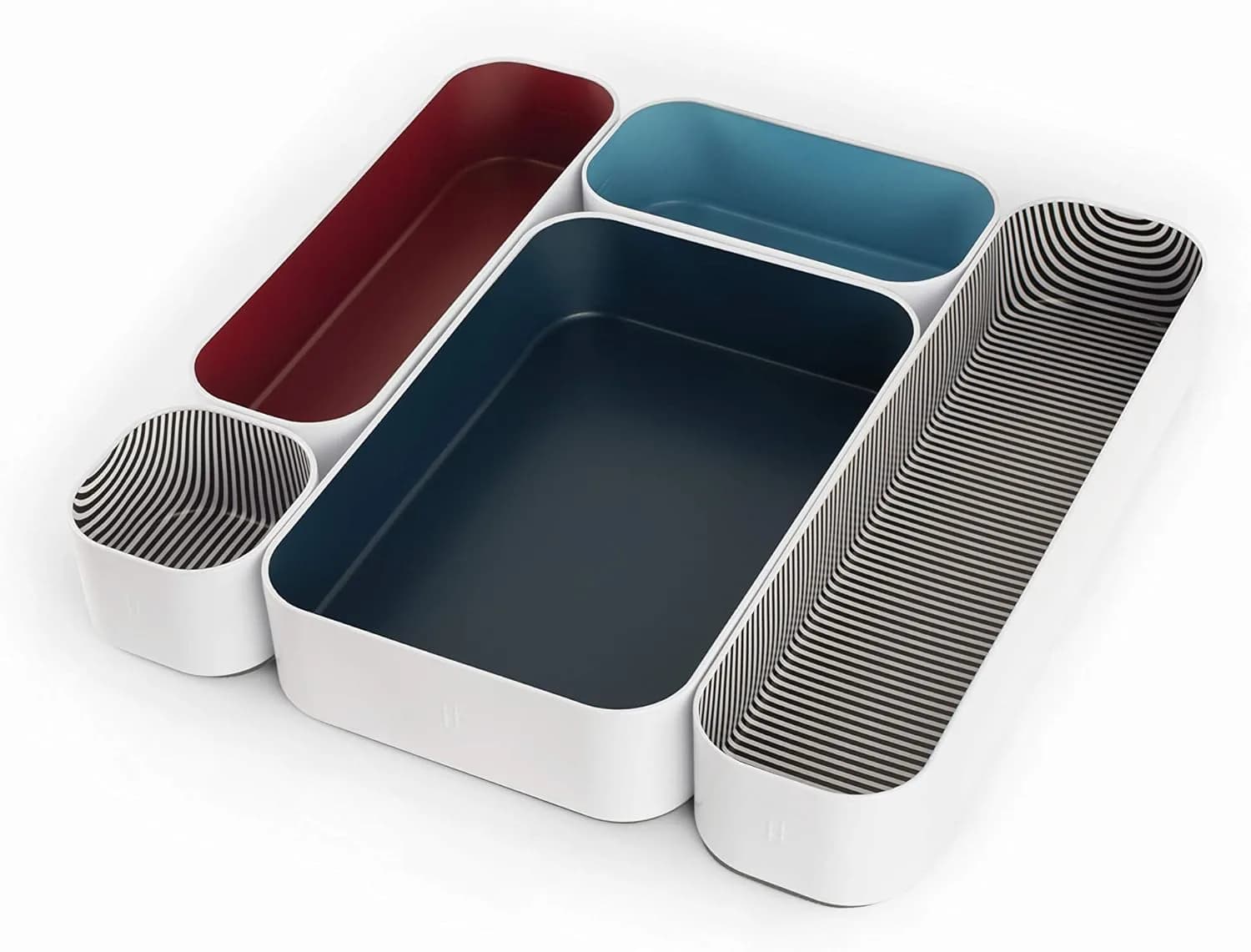 Three by Three Seattle Metal Drawer Organizer Tray Set, 5-Pc | Colorful, Stackable, Customizable Storage — Blueberry, Stripes