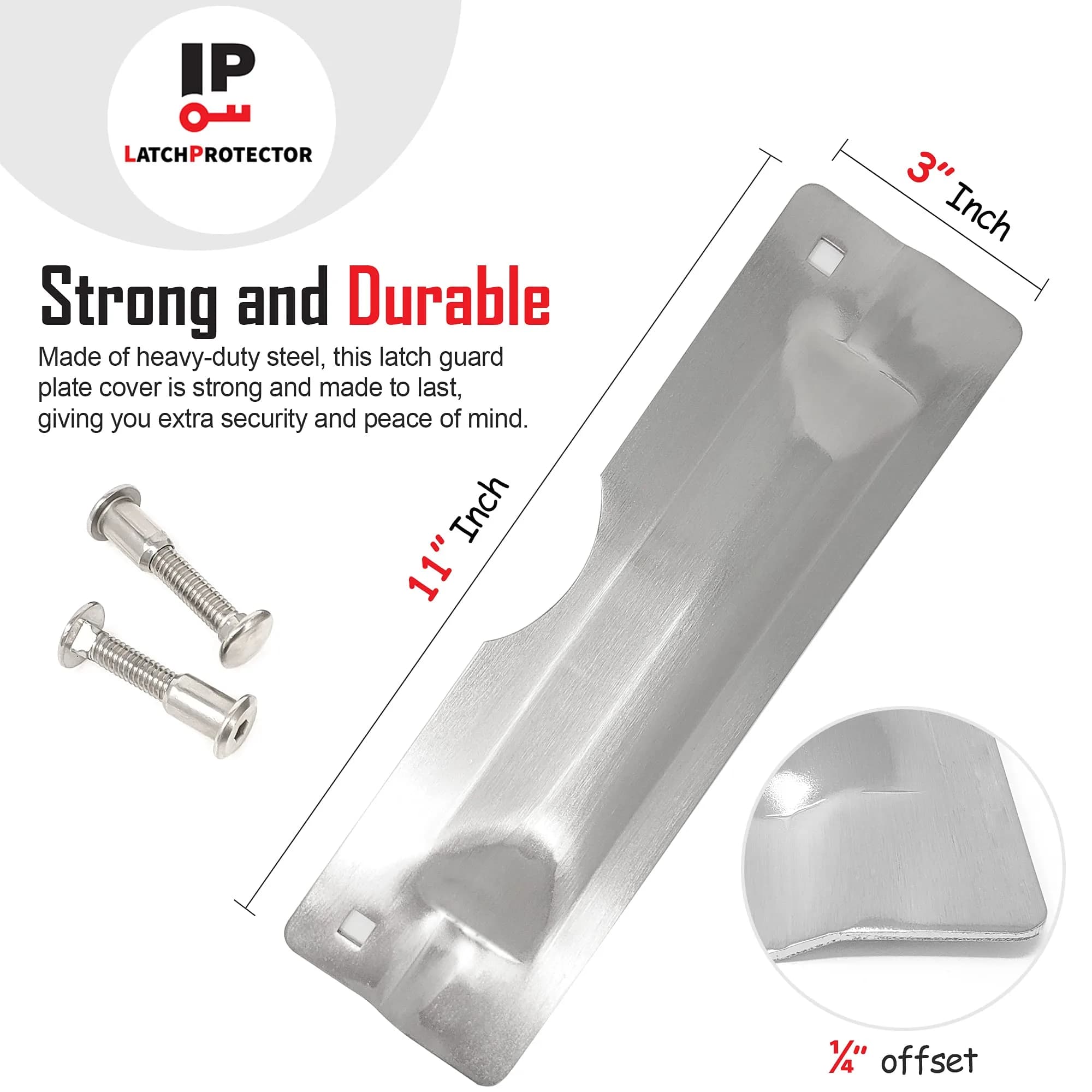 LATCHPROTECTOR.COM Latch Protector with Cut Out, Steel, Silver, 7.6cm (3") x 27.9cm (11") | Heavy Duty Security for Outward Swinging Doors - view 2