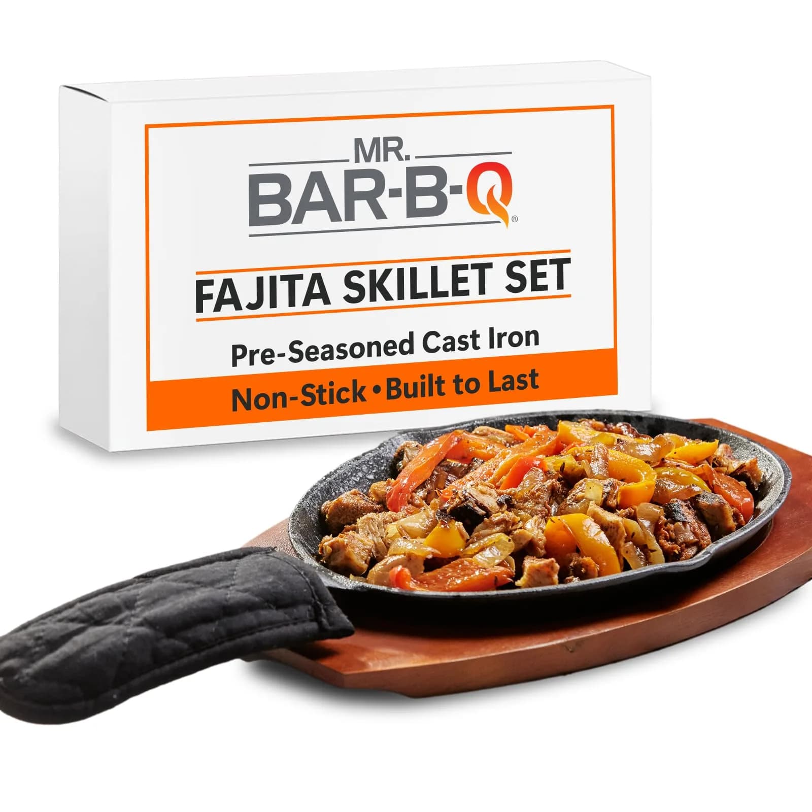 Mr. Bar-B-Q Cast Iron Fajita Sizzling Plate with Wooden Base and Cloth Handle, 25 cm (10 inch) | Authentic Sizzling Fajitas & Steaks — Black