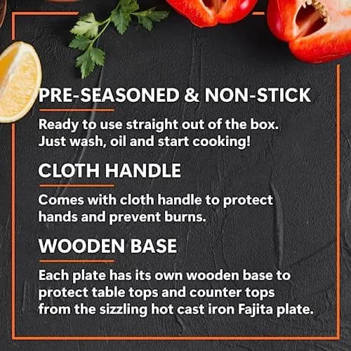 Mr. Bar-B-Q Cast Iron Fajita Sizzling Plate with Wooden Base and Cloth Handle, 25 cm (10 inch) | Authentic Sizzling Fajitas & Steaks thumbnail 6