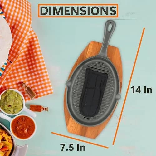 Mr. Bar-B-Q Cast Iron Fajita Sizzling Plate with Wooden Base and Cloth Handle, 25 cm (10 inch) | Authentic Sizzling Fajitas & Steaks thumbnail 2