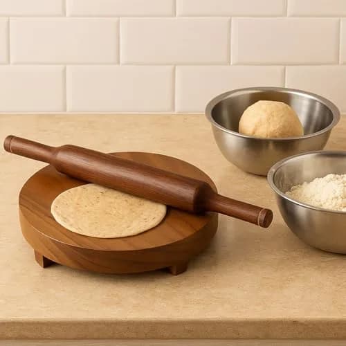 DBY Wooden Chakla Belan Set for Kitchen – Natural Wood Rolling Board & Pin for Chapati, Roti, Puri, Dough, Non-Slip Base, Handmade, Indian Traditional Cookware thumbnail 3