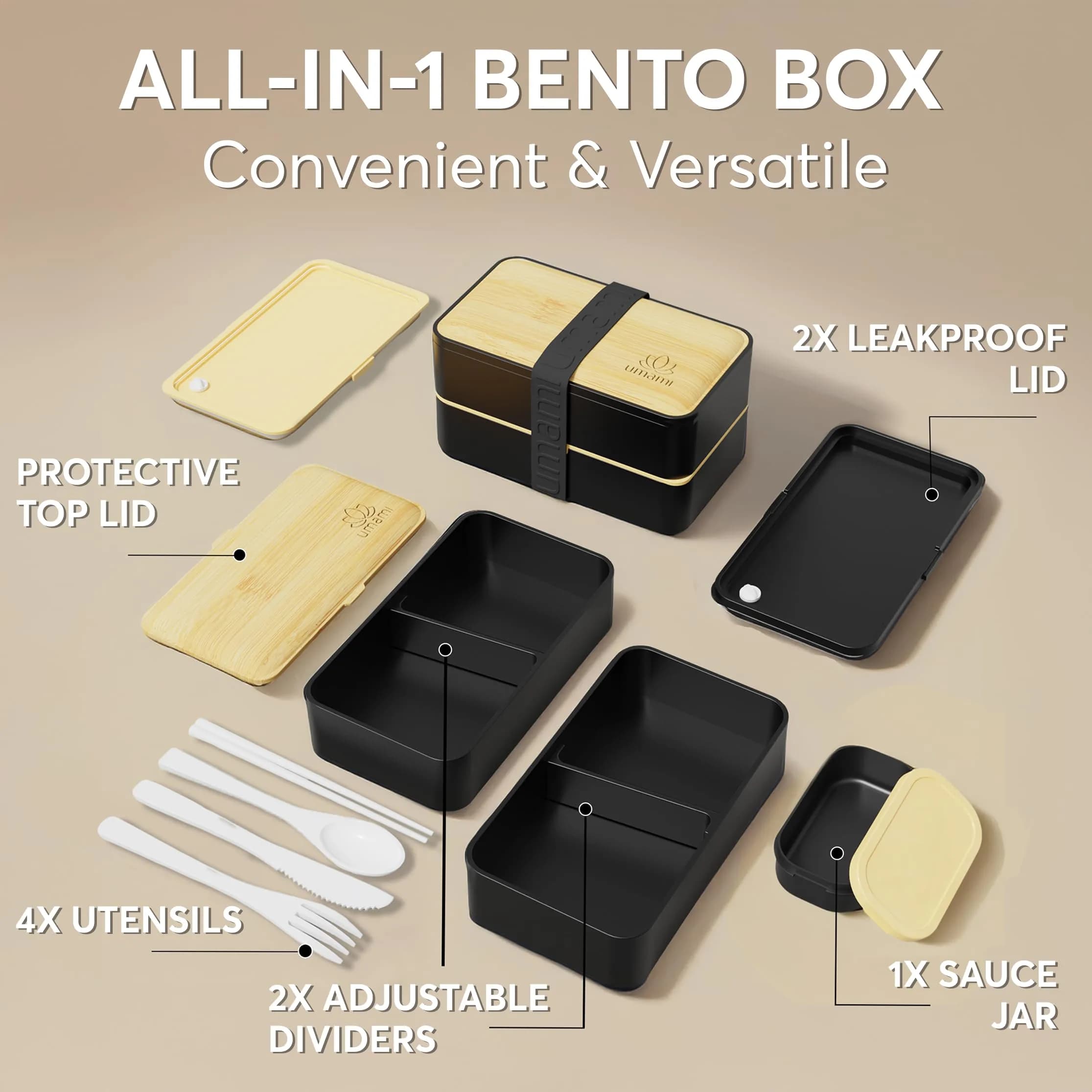 Umami Bento Box Adult, Stackable Lunch Box 1.2L (40 oz) | Leakproof, Microwavable, Dishwasher Safe - view 3