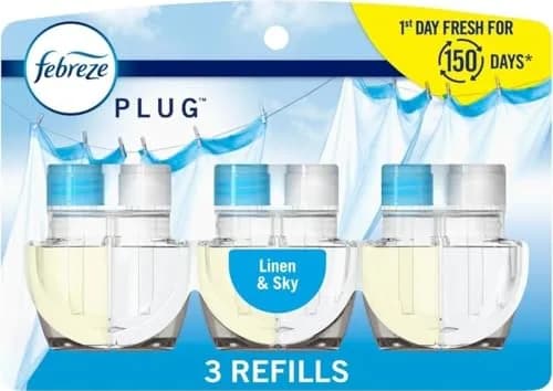 Febreze Fade Defy PLUG Air Freshener Refills, Linen & Sky Scent, 2.61 fl oz (77 ml) | Lasts 50 Days on Low — Linen & Sky Scent, 3 REFILL