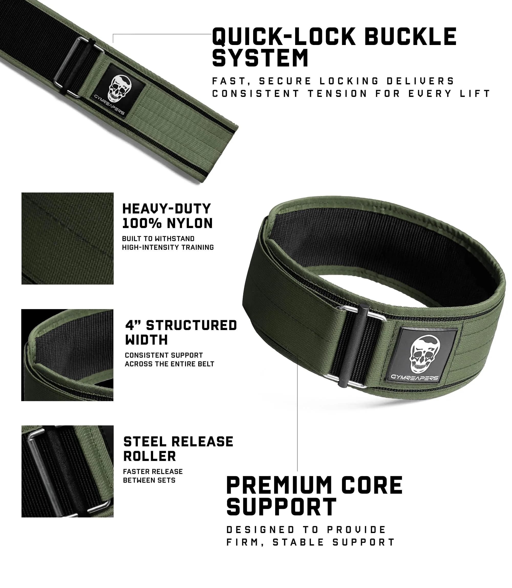 Gymreapers Quick Locking Weightlifting Belt Ranger Green X-Small | 4 Inch Nylon Metal Buckle Back Support thumbnail 2