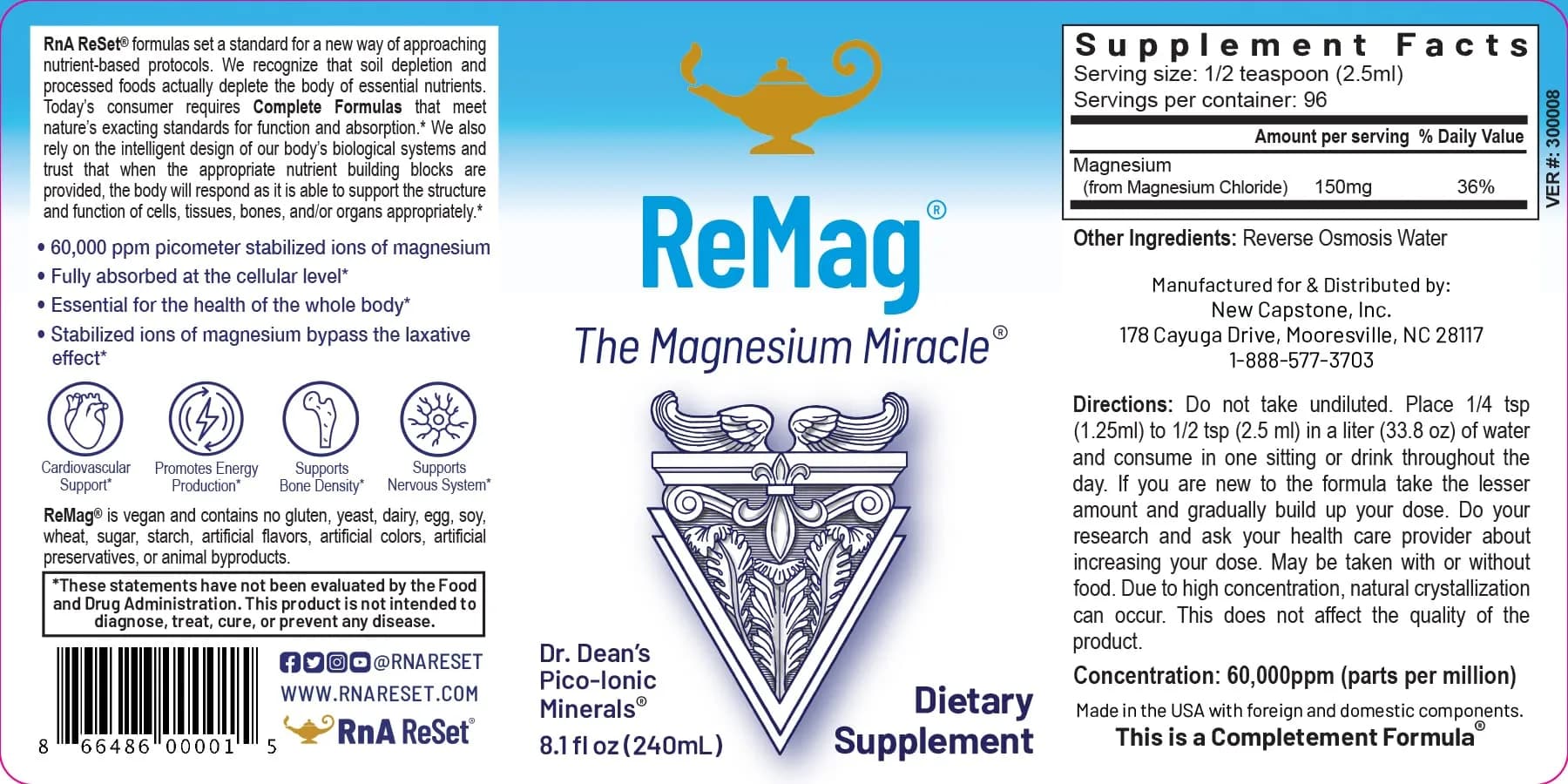 RnA ReSet ReMag Magnesium Chloride Liquid 496ml (16.2 Fl Oz) | NSF Certified for Sleep, Nerve & Muscle Health - view 3