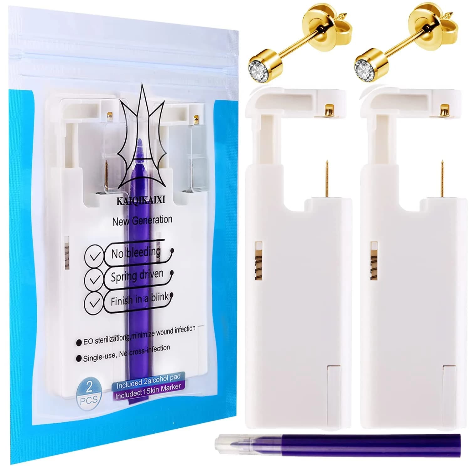 KAIQIKAIXI 2Pcs Ear Piercing Kit with 4mm Golden Studs & Cleaning Pads | Automatic & Painless Household Piercing Tools - main product image