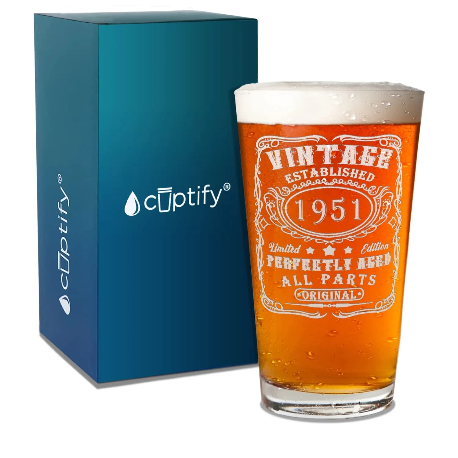 Cuptify Personalized 74th Birthday Beer Glass 16 oz | Custom Vintage Etched Mug for Men — Clear