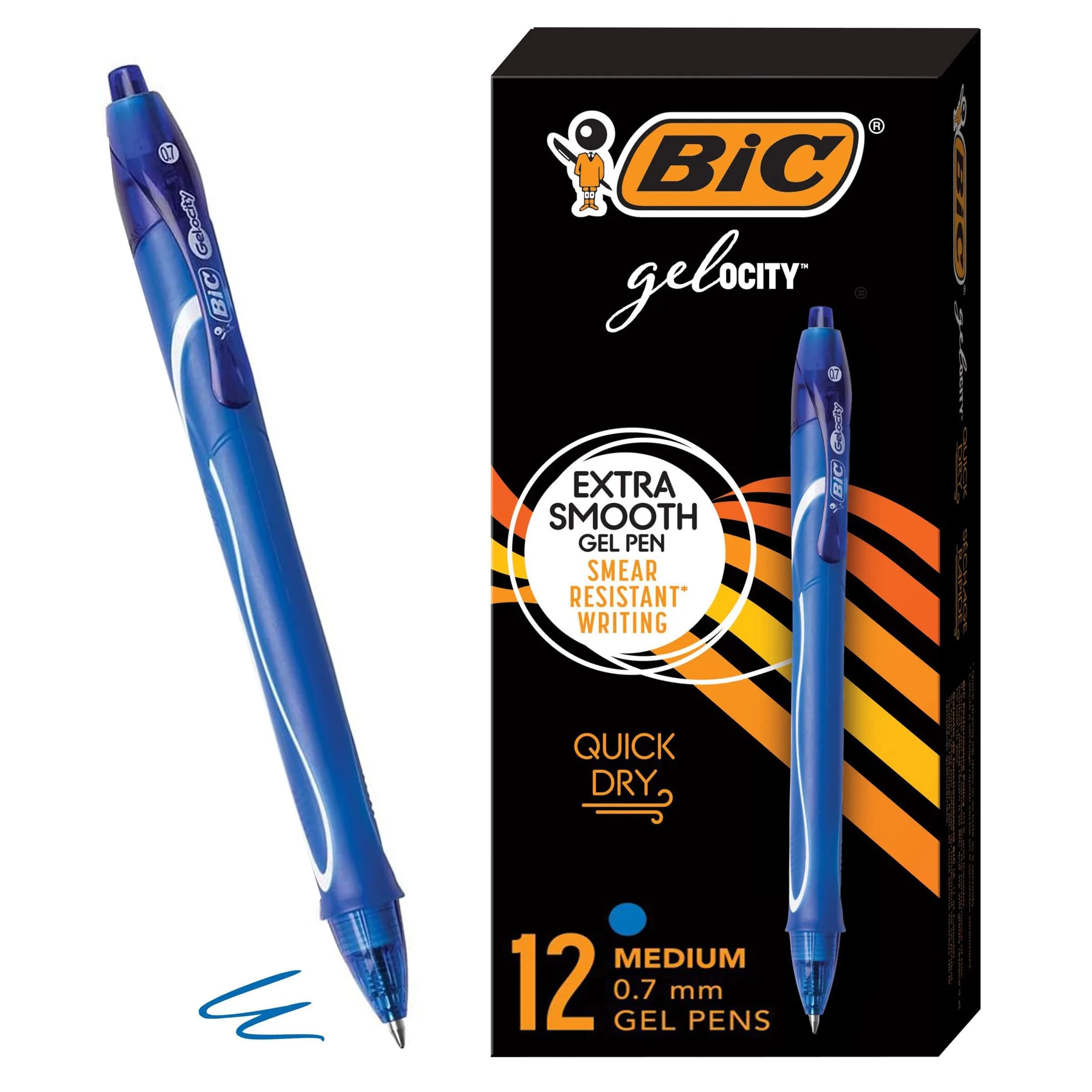 BIC Gelocity Quick Dry Blue Gel Pens, Medium Point (0.7mm), 12-Count Pack | Smooth Ink Flow — Blue