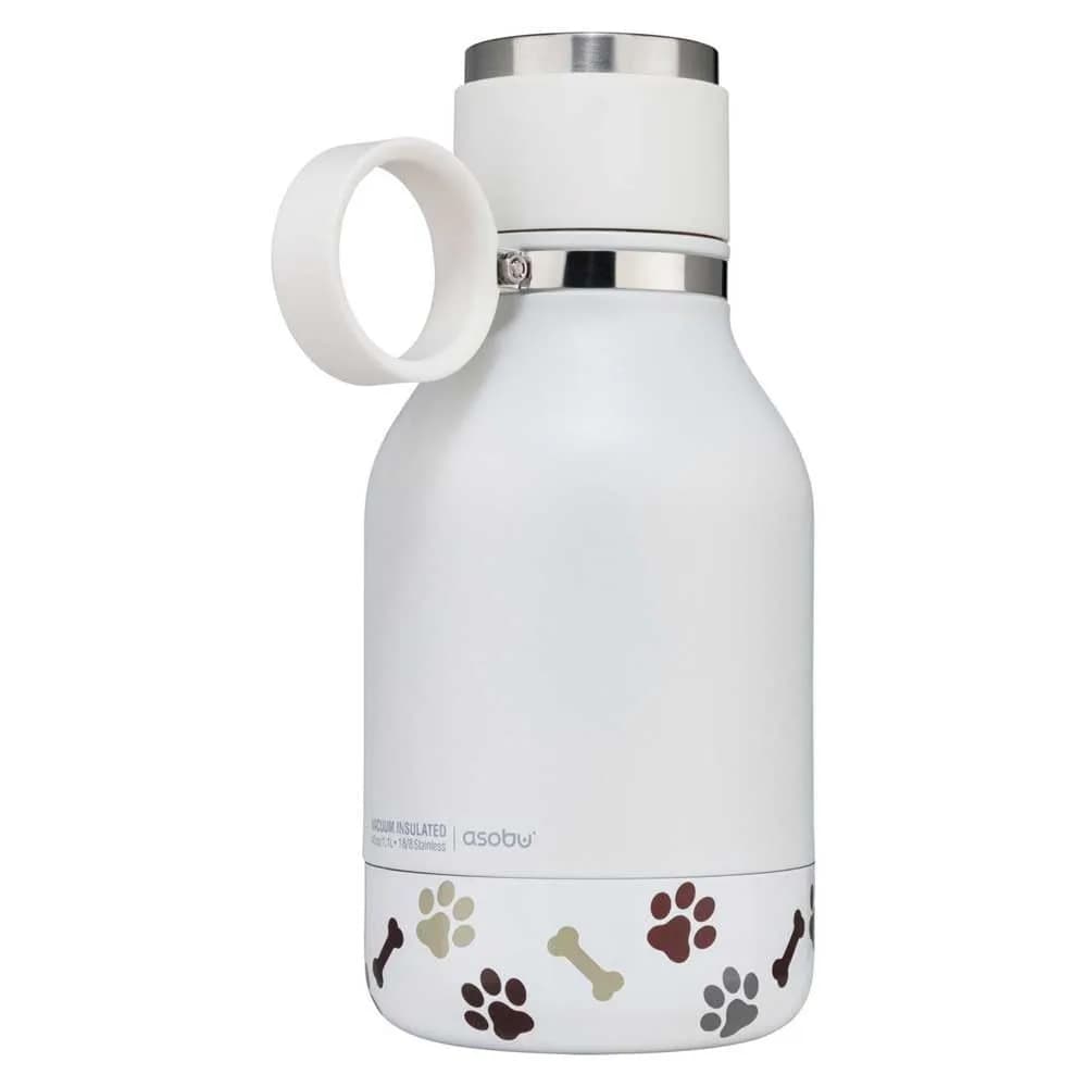 asobu Buddy Bottle White 945ml (32 oz) | Insulated Stainless Steel Dog Water Bottle with Removable Bowl & Food Storage