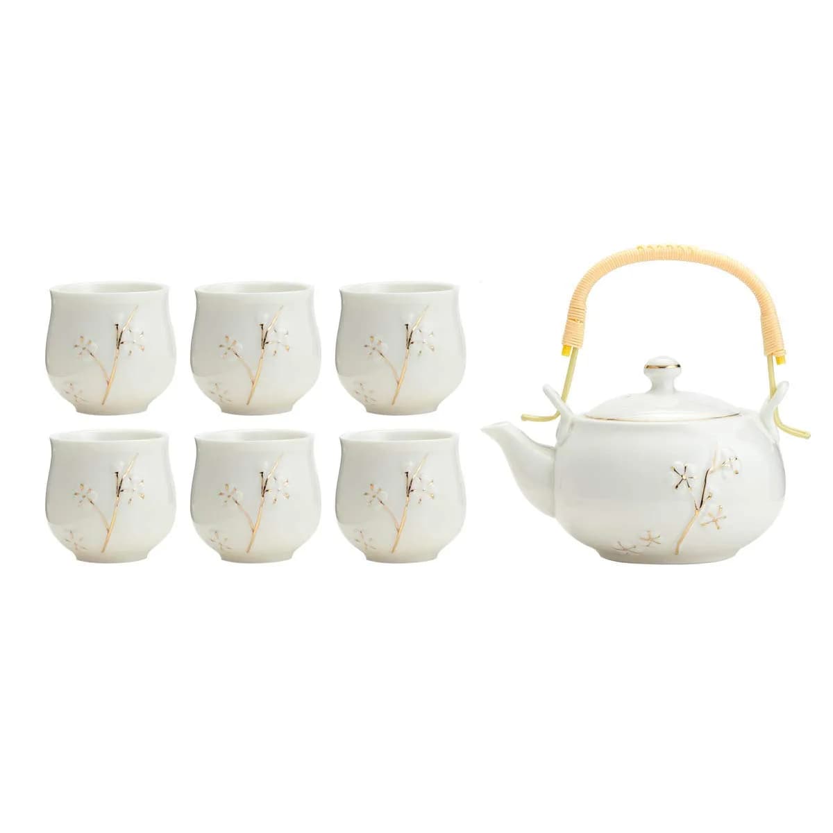 TJ Global White Porcelain Tea Set with Gold Accents | 170ml (6 Fl Oz) Teapot & 6x 177ml (6 Fl Oz) Cups — White