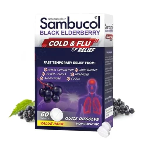Sambucol Cold and Flu Relief Tablets - 60 Count | Quick-Dissolving Elderberry Medicine for Adults & Kids thumbnail 1