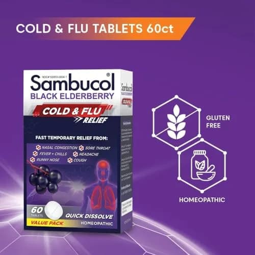 Sambucol Cold and Flu Relief Tablets - 60 Count | Quick-Dissolving Elderberry Medicine for Adults & Kids thumbnail 4