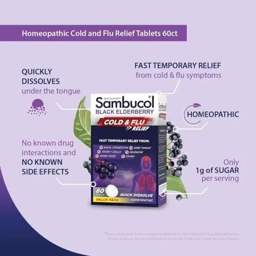 Sambucol Cold and Flu Relief Tablets - 60 Count | Quick-Dissolving Elderberry Medicine for Adults & Kids thumbnail 5