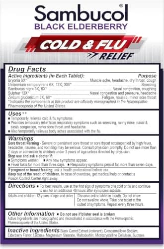 Sambucol Cold and Flu Relief Tablets - 60 Count | Quick-Dissolving Elderberry Medicine for Adults & Kids thumbnail 3