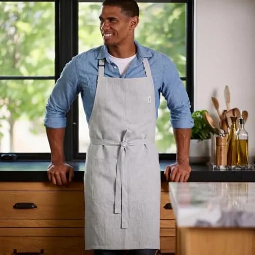Solino Home 100% Linen Apron Light Grey | Classic Kitchen Apron 32 x 27 in thumbnail 2