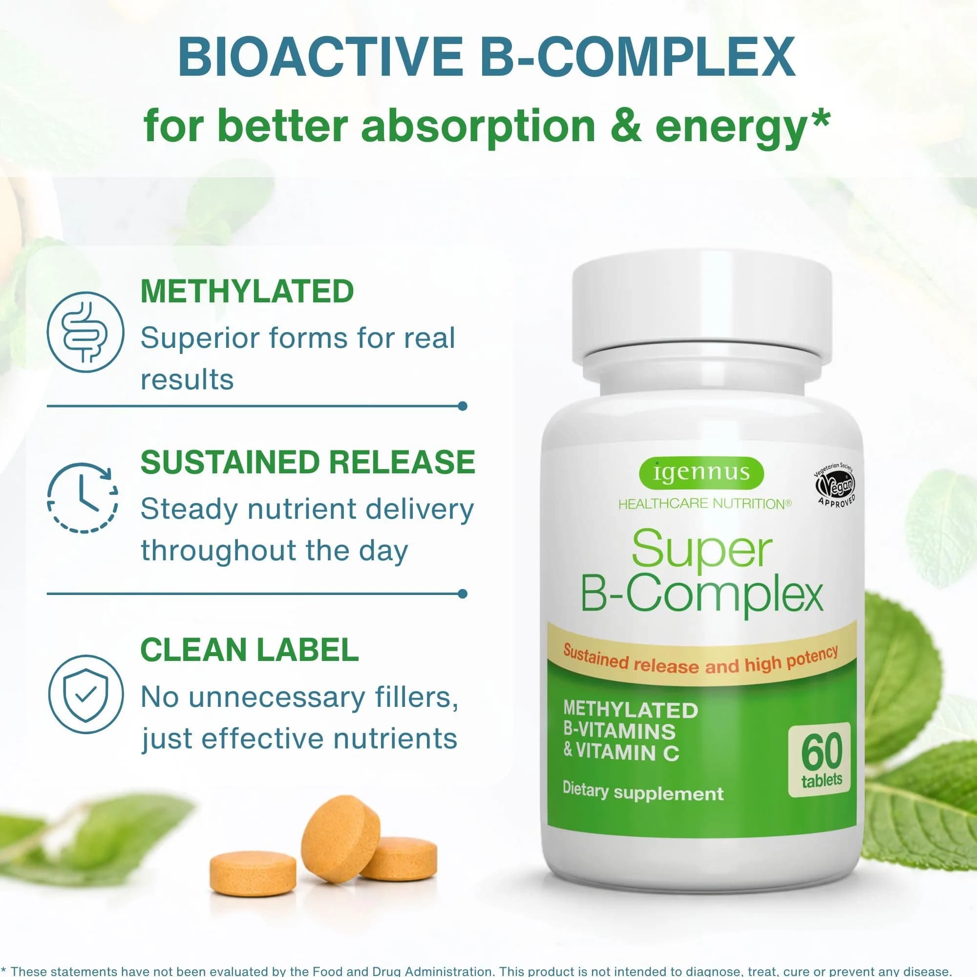 Igennus High Absorption Super B-Complex Methylated & Active B Vitamins 180 Tablets (3-Month Supply) | Energy, Mood & Cognitive Support - view 2