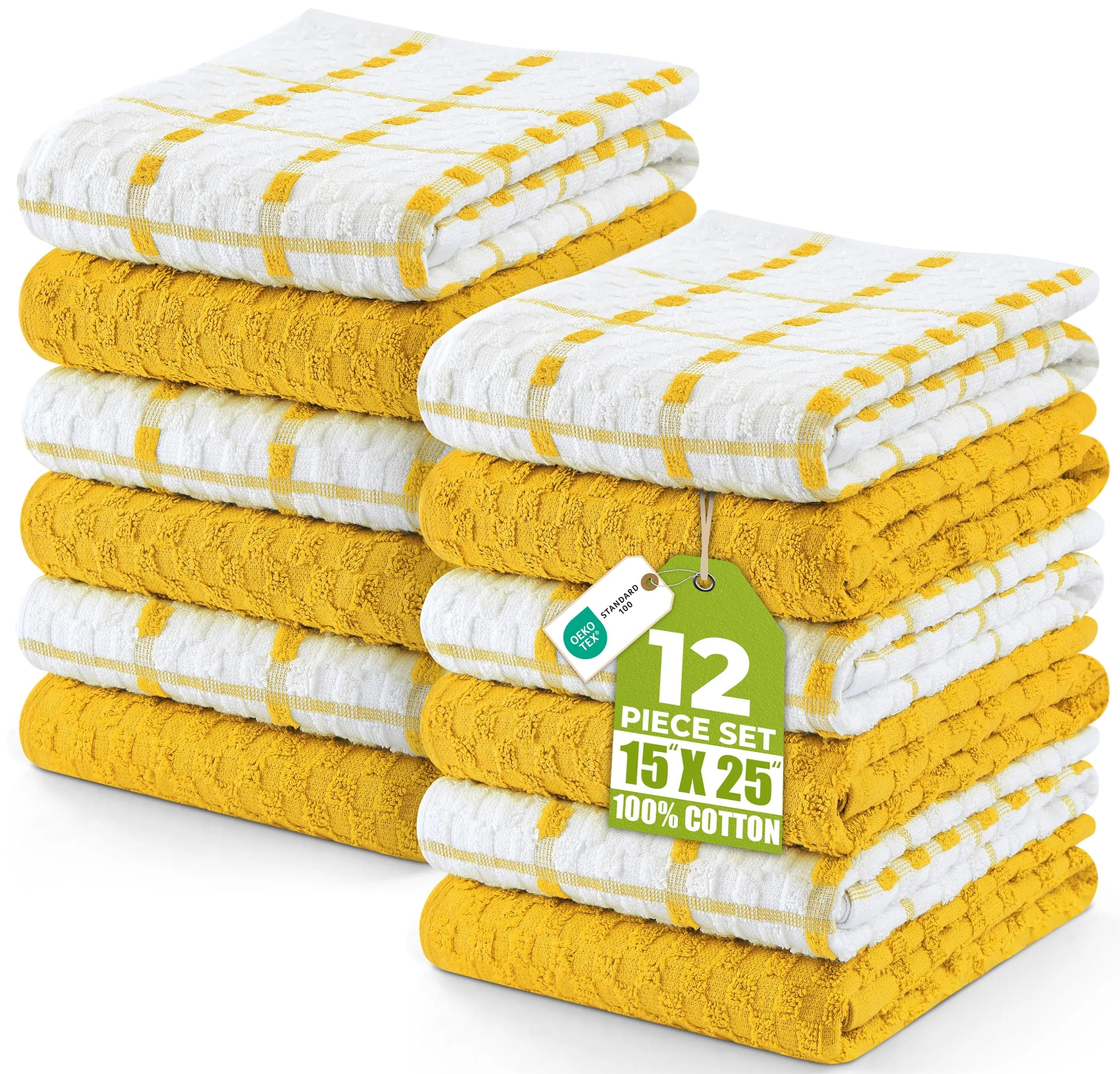 Utopia Towels Yellow Kitchen Towels 12 Pack 38cm x 64cm (15" x 25") | Absorbent Dobby Weave Cotton Dish Cloths — Yellow