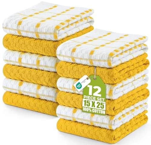 Utopia Towels Yellow Kitchen Towels 12 Pack 38cm x 64cm (15" x 25") | Absorbent Dobby Weave Cotton Dish Cloths thumbnail 1