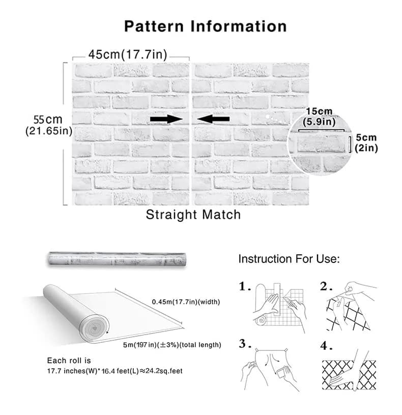 Cohoo Home White Brick Wallpaper Peel and Stick 45cm (17.7") x 500cm (197") | Realistic Faux Brick Wall Covering thumbnail 4