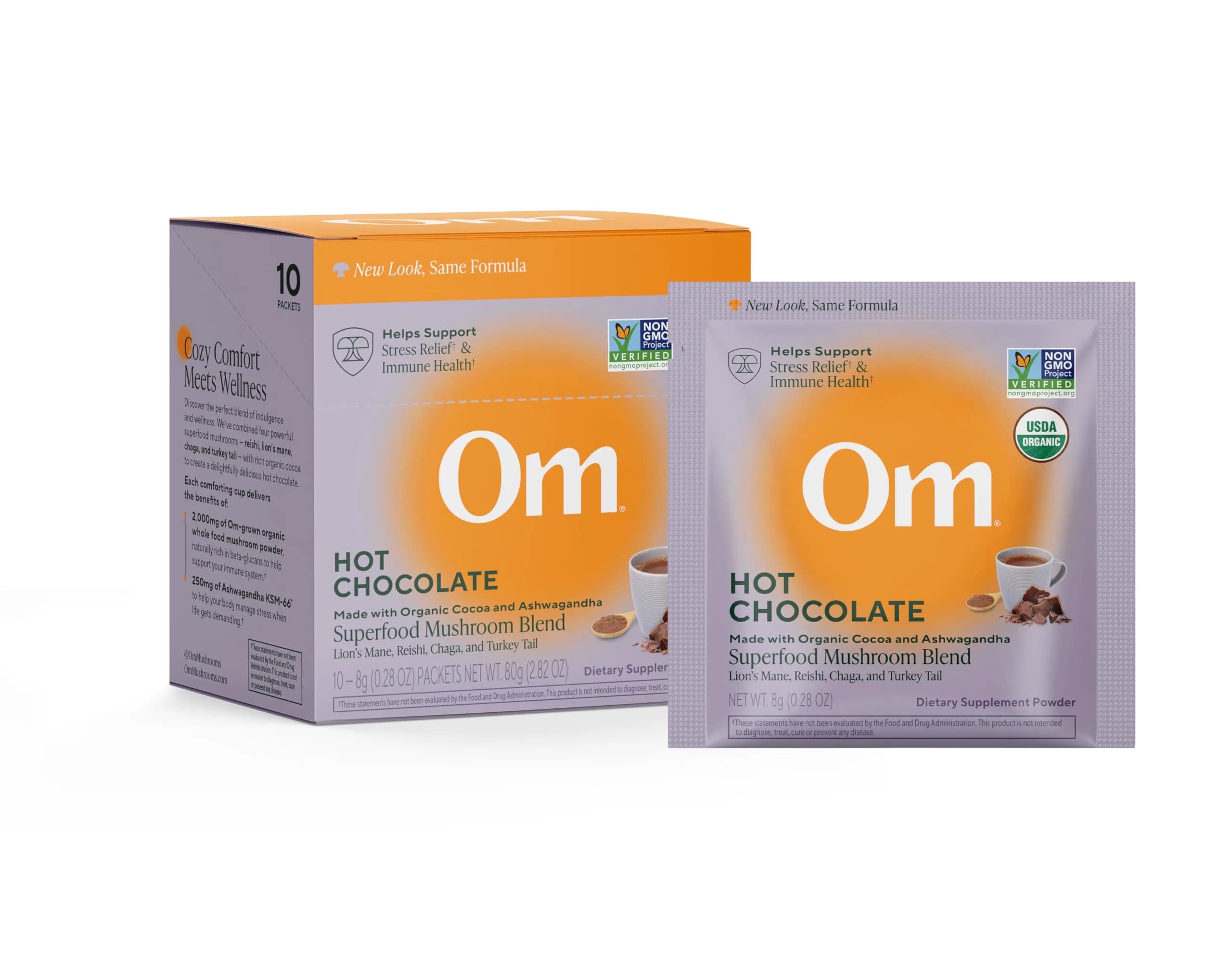 OM MUSHROOM SUPERFOOD Hot Chocolate Blend – Dutch Cocoa Mushroom Powder with Lion’s Mane, Reishi, Chaga & Turkey Tail – Focus, Calm & Stress Support – 2g Sugar, 25 Calories – Single Serve (10 Count) — Hot Chocolate