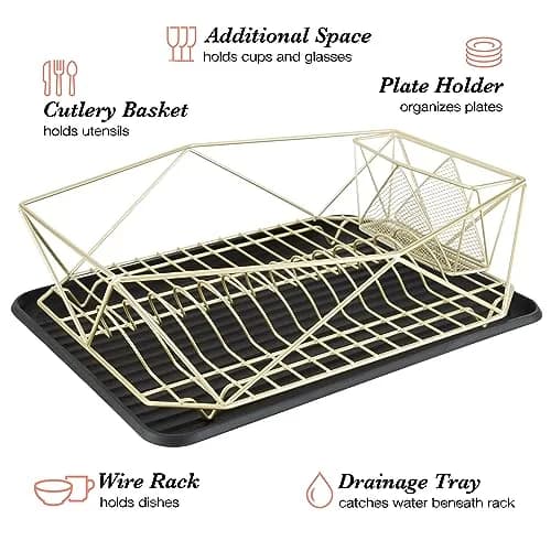 Kitchen Details Geode Deluxe Dish Drying Rack with Drain Board | Satin Gold | Rust Resistant thumbnail 4