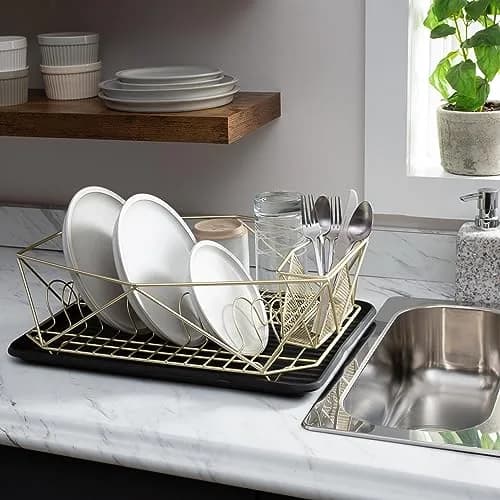 Kitchen Details Geode Deluxe Dish Drying Rack with Drain Board | Satin Gold | Rust Resistant thumbnail 6