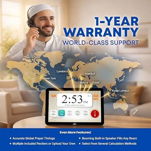 Masjidal 14" Smart WiFi Digital Azan Clock & Islamic Prayer Frame | Automatic Worldwide Prayer & Iqamah Times, Full Quran Player, Athan Alarm, Ramadan Clock, Touchscreen Muslim Home Display, Black thumbnail 6