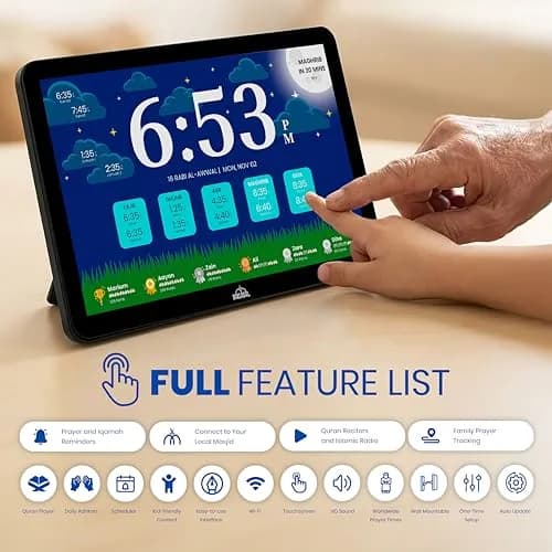 Masjidal 14" Smart WiFi Digital Azan Clock & Islamic Prayer Frame | Automatic Worldwide Prayer & Iqamah Times, Full Quran Player, Athan Alarm, Ramadan Clock, Touchscreen Muslim Home Display, Black thumbnail 7