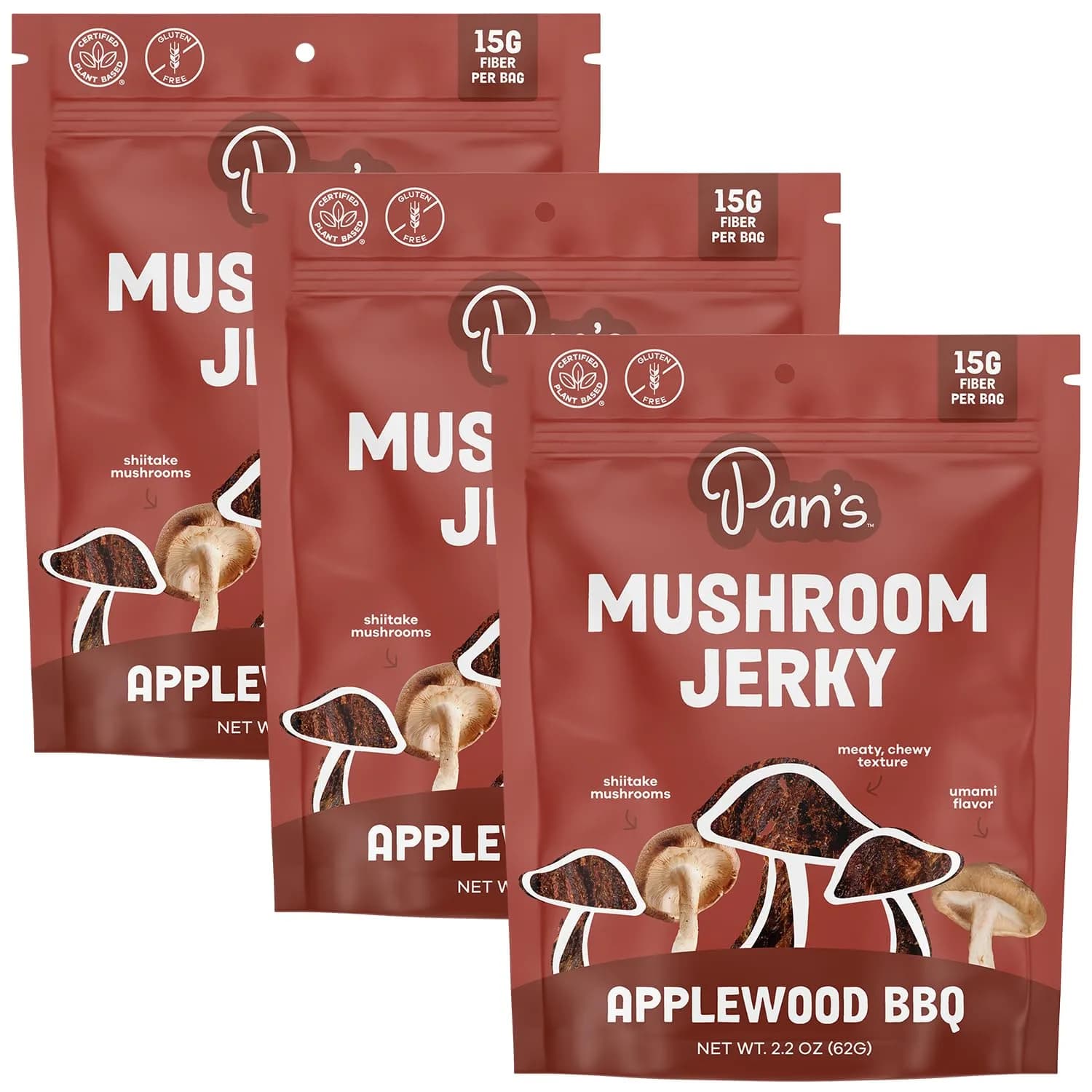 Pan's Mushroom Jerky, Vegan Snacks, Dried Shiitake, Plant-Based Jerky, Gluten Free, High in Fiber (2.2 Oz Pack of 3) - main product image