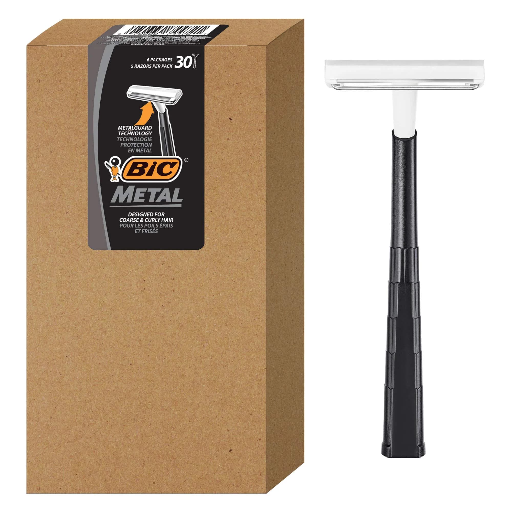 BIC Metal Men's Disposable Shaving Razors, 30 Count | Coarse & Curly Hair Friendly — Black and White