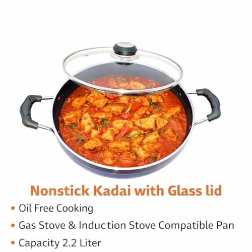 DBY Deep Kadai 2.2 LTR Aluminium Non Stick Frying Pan with Glass Lid | Induction & Gas Compatible thumbnail 3