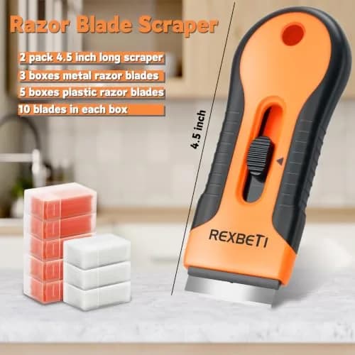 REXBETI Razor Blade Scraper Tool 2 Pack with 80 Blades | Heavy-Duty Glass Stovetop & Window Cleaner thumbnail 4