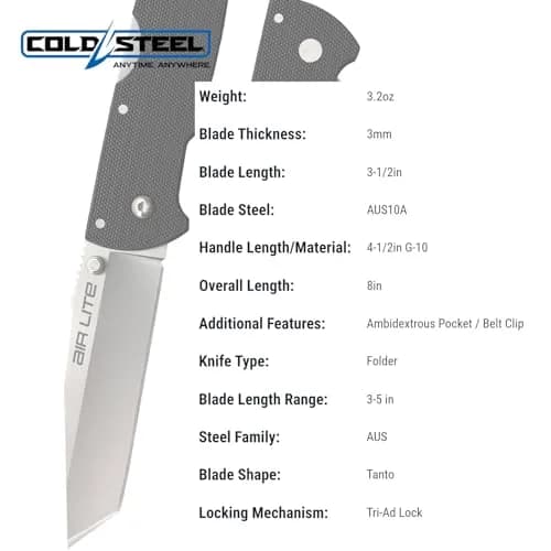 Cold Steel Air Lite 3.5" AUS10A Tanto Point Blade 4.5" G-10 Handle Pocket Folding Knife | Ultra-Light EDC thumbnail 5