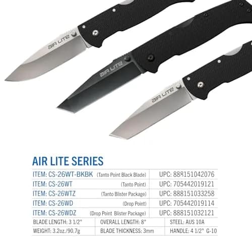 Cold Steel Air Lite 3.5" AUS10A Tanto Point Blade 4.5" G-10 Handle Pocket Folding Knife | Ultra-Light EDC thumbnail 6