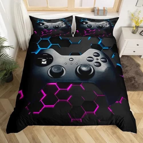 Erose Bridal Twin Size Gamer Duvet Cover Set with Pillow Sham | Black Grey Vintage Controller Pattern thumbnail 1