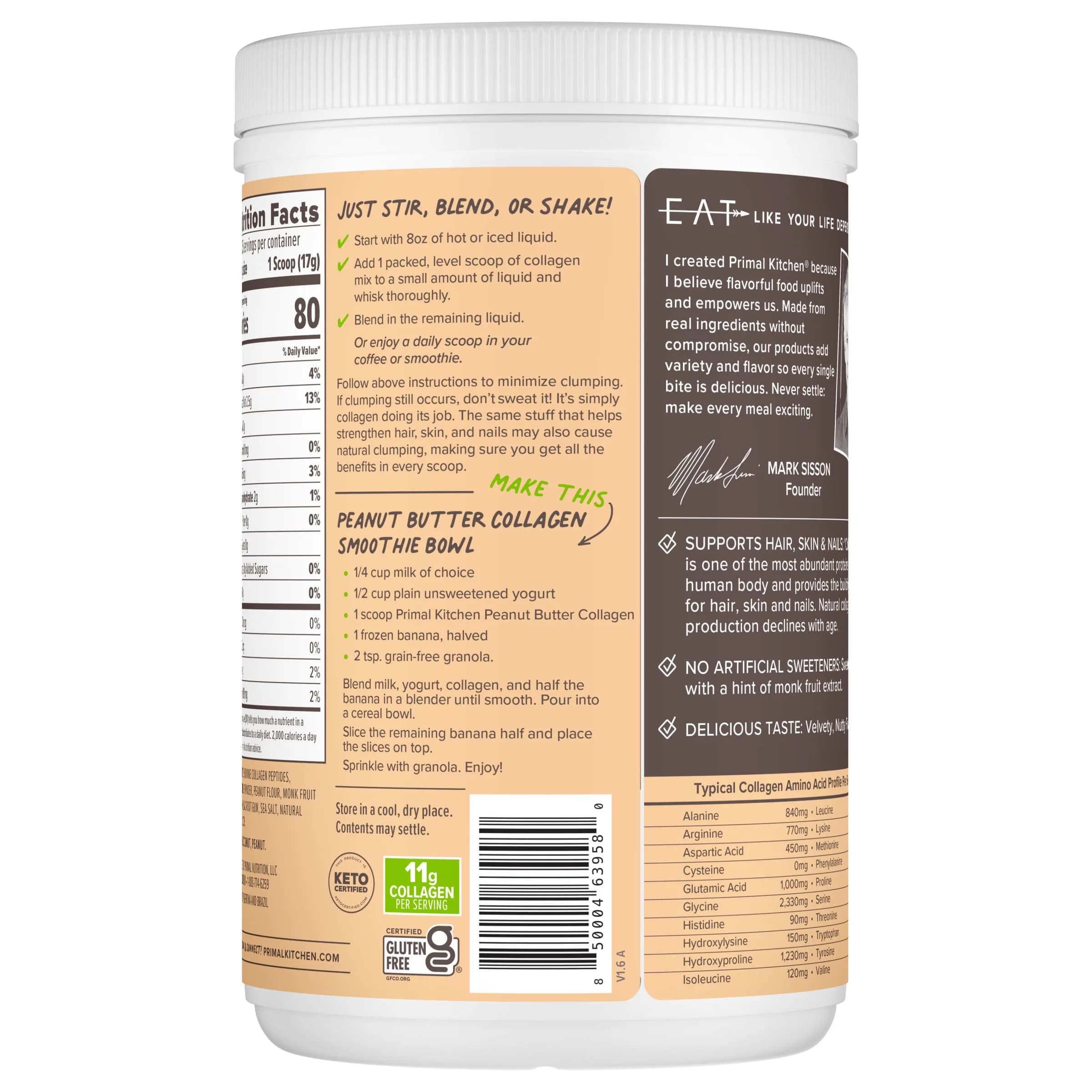 Primal Kitchen Peanut Butter Flavor Collagen Fuel Drink Mix 405g (14.3 Ounces) | Keto Certified Collagen Peptides for Skin, Hair, Nails - view 5