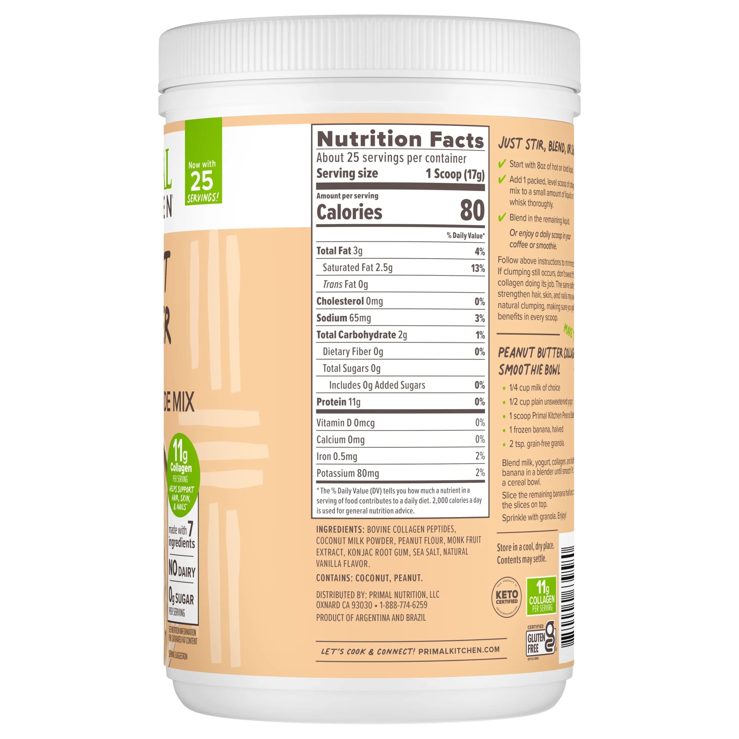Primal Kitchen Peanut Butter Flavor Collagen Fuel Drink Mix 405g (14.3 Ounces) | Keto Certified Collagen Peptides for Skin, Hair, Nails - view 8