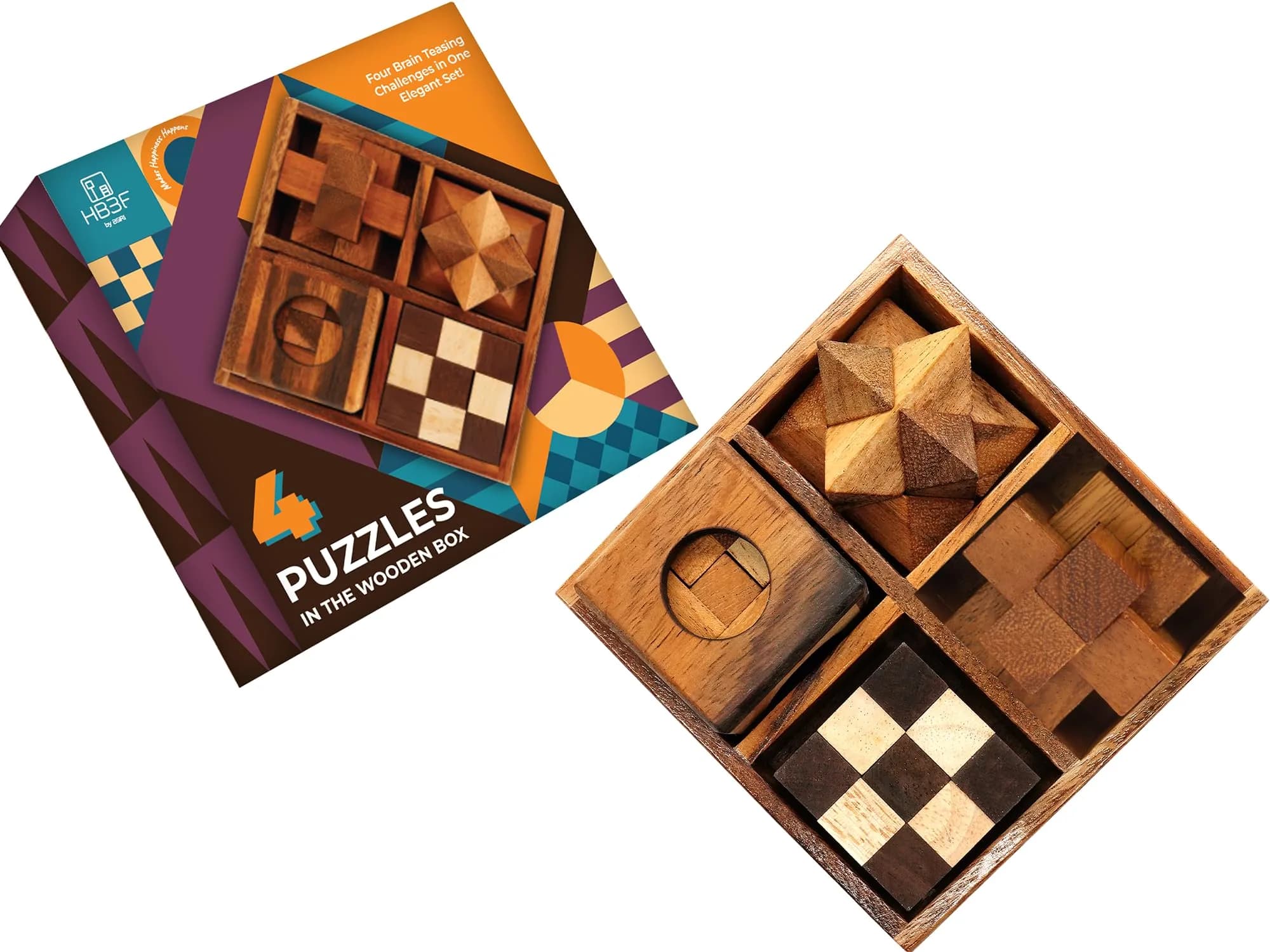 BSIRI 4 in 1 Wooden Brain Teaser Puzzles for Adults | Challenging 3D Desk Wood Puzzles Set for Mind Toys & Office Decor - main product image