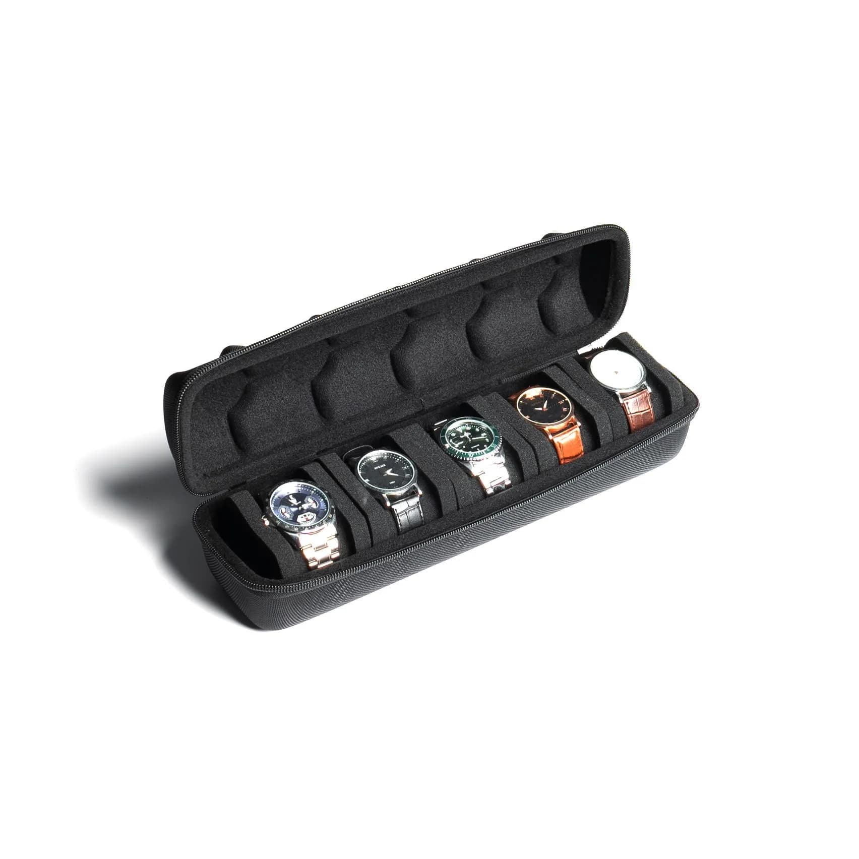AUKURA Hard Watch Travel Case, 5 Slot | Compact & Durable Travel Organizer with Anti-Move Pillow — Black Fabric 5slot