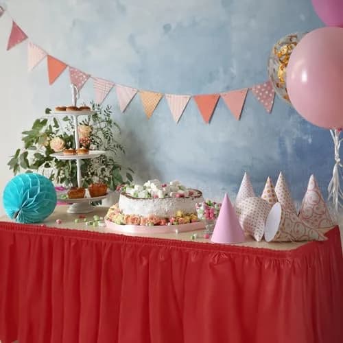 DecorRack Red Plastic Table Skirt 4.26 m (14 ft) | Easy Adhesive Installation for Parties thumbnail 4