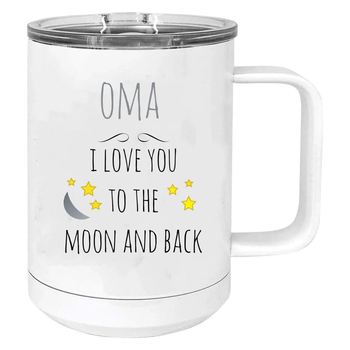 CustomGiftsNow Oma - I Love you to the Moon and Back Stainless Steel Vacuum Insulated 15 Oz Travel Coffee Mug with Slider Lid, White | White 443ml (15 Fl Oz) Mug — White