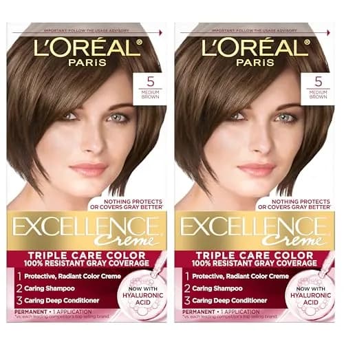L'Oreal Paris Excellence Crème Permanent Hair Dye 5 Medium Brown (2 Kits) | Triple Care Color with Hyaluronic Acid for 100% Gray Coverage thumbnail 1