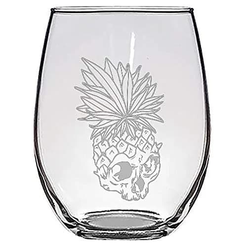 Hat Shark Tropical Summer Pineapple Skull Leaf Fire Eyes Punk Fruit Design Laser Engraved Stemless Wine Glass 624ml (21 Ounces) | Dishwasher Safe thumbnail 1