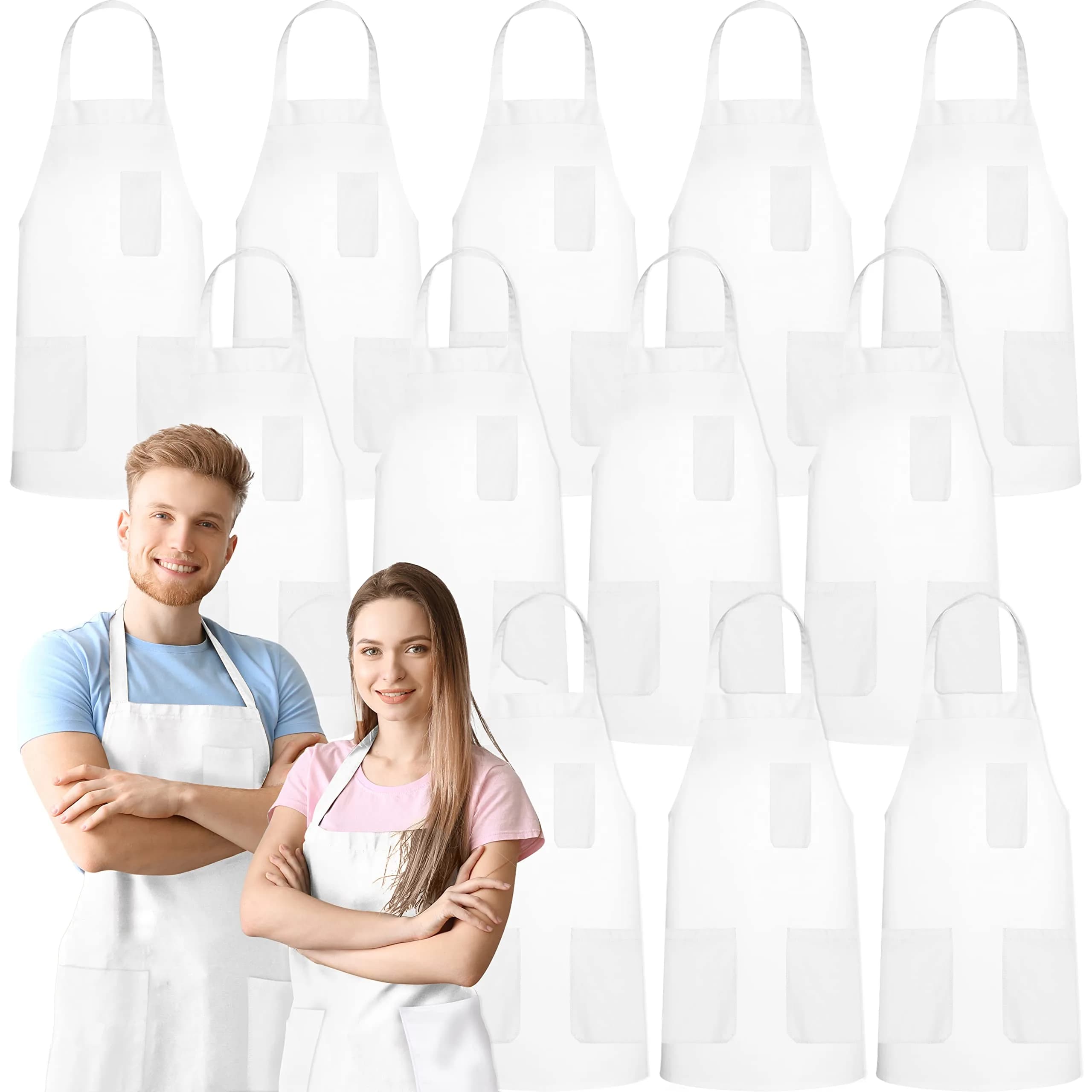 GREEN LIFESTYLE 12 Pack Chef Apron with Pockets | Waterproof Cooking Apron for Men & Women (12 Pack, White) — White 3 Pocket